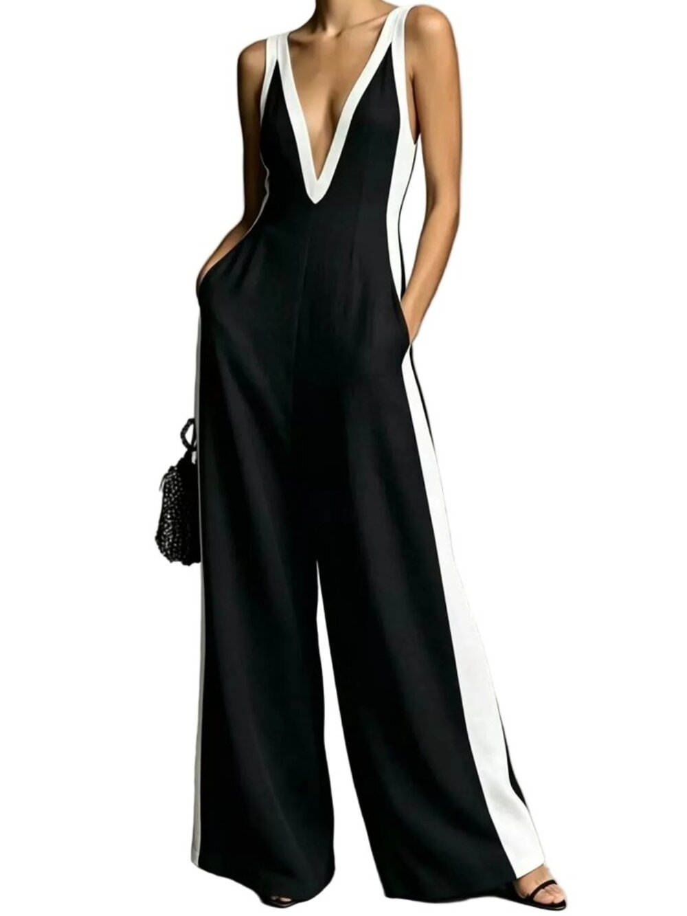 Contrasting Deep V-Neck Wide Leg Pants Sleeveless One-Piece Zipper Back Jumpsuit - Picture 6 of 6